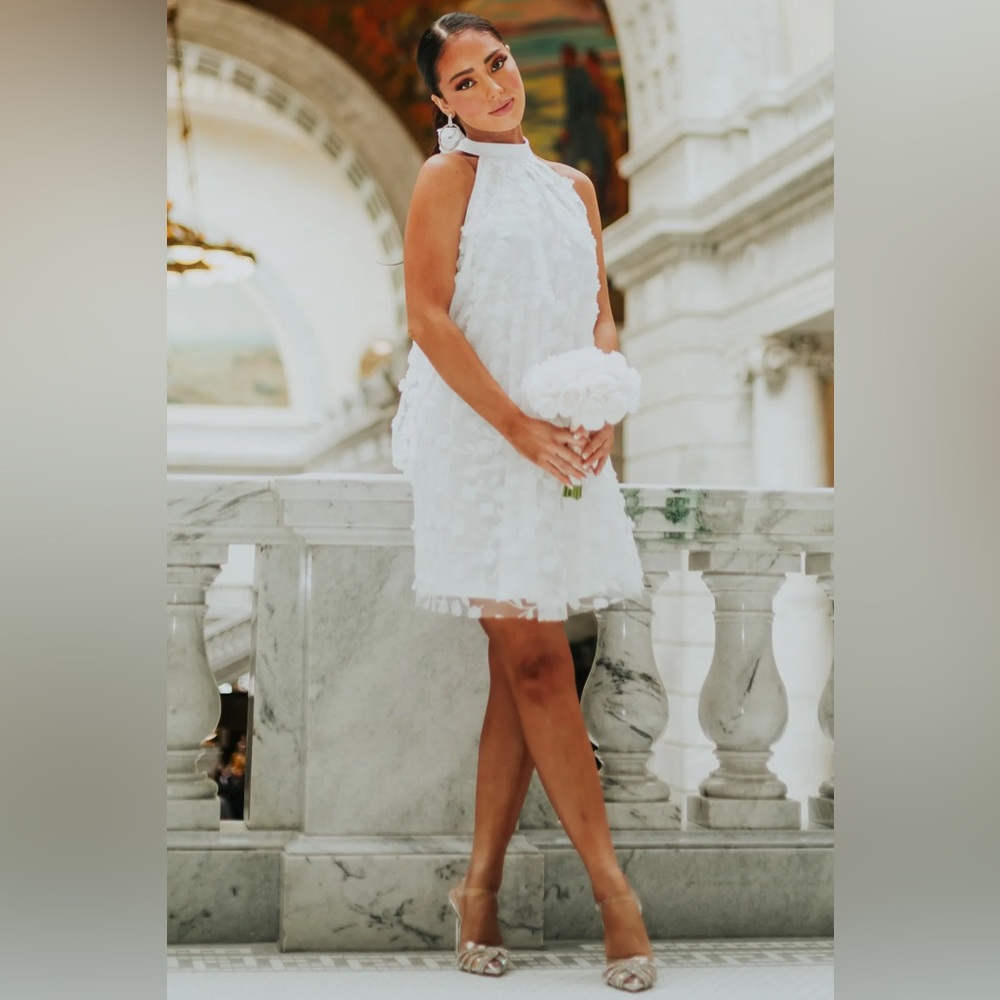 White 3D Floral Halter Dress